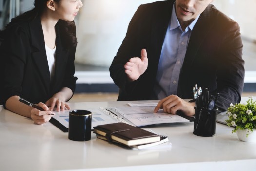 Consulting, male advisor pointed to company financials